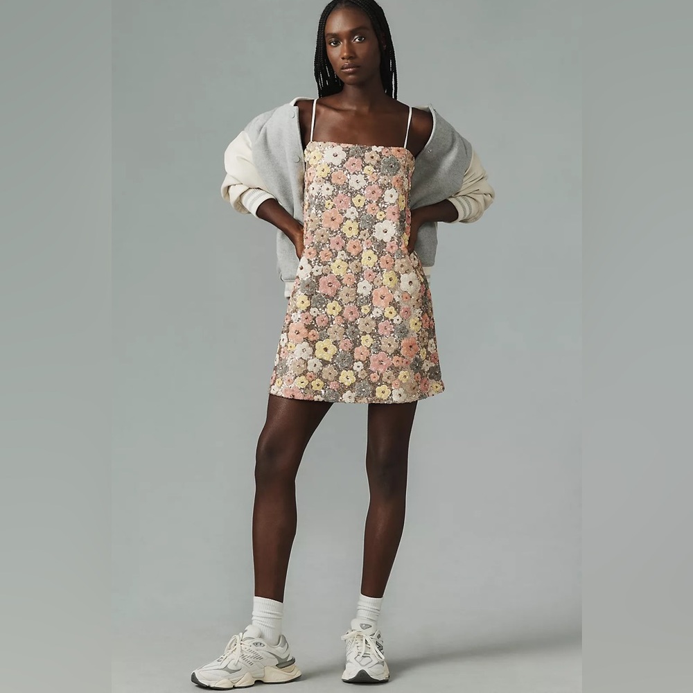 Blue Tassel Floral Shift Mini Sequin dress- Anthropologie